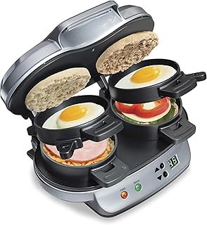 Beach Dual Breakfast Sandwich Maker with Timer, Ready in 5 Minutes, Removable Dishwasher Safe PFAS-Free Non-Stick Egg Cooker Ring, Silver (25490MNA)